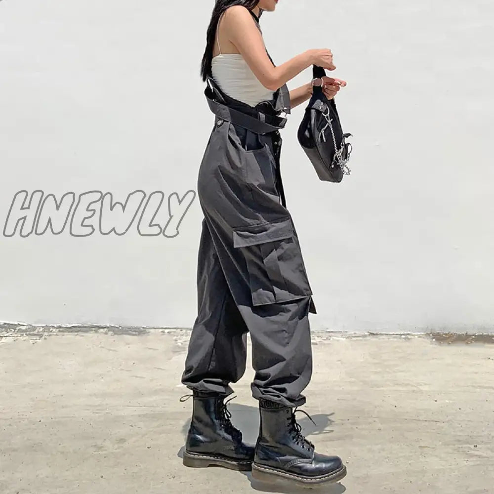 Hnewly Gothic Black Overalls Womens Cargo Pants Plus Size Sling Bow Belt Dungarees Wide Leg Casual