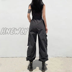 Hnewly Gothic Black Overalls Womens Cargo Pants Plus Size Sling Bow Belt Dungarees Wide Leg Casual