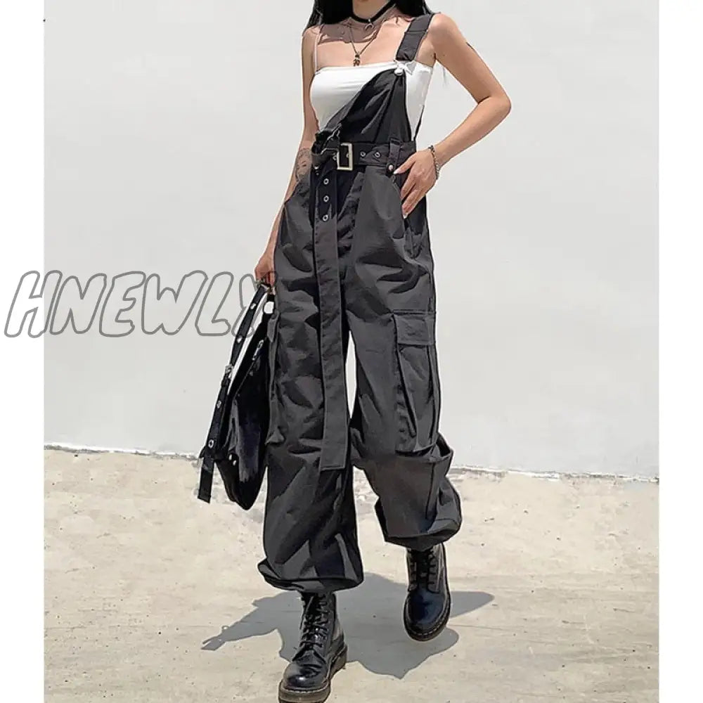 Hnewly Gothic Black Overalls Womens Cargo Pants Plus Size Sling Bow Belt Dungarees Wide Leg Casual