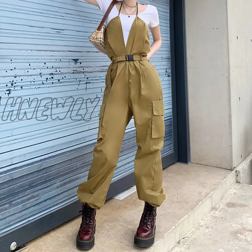 Hnewly Gothic Black Overalls Womens Cargo Pants Plus Size Sling Bow Belt Dungarees Wide Leg Casual