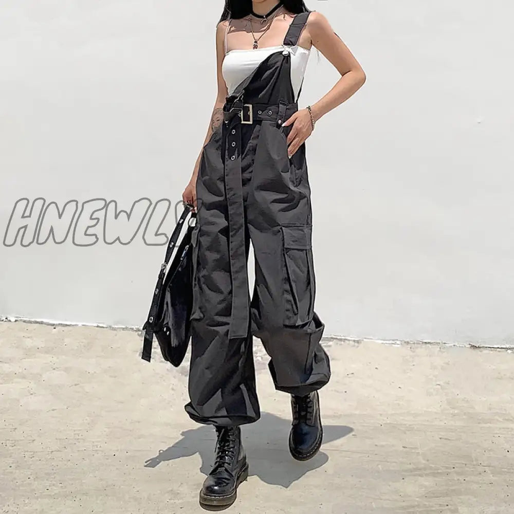 Hnewly Gothic Black Overalls Womens Cargo Pants Plus Size Sling Bow Belt Dungarees Wide Leg Casual