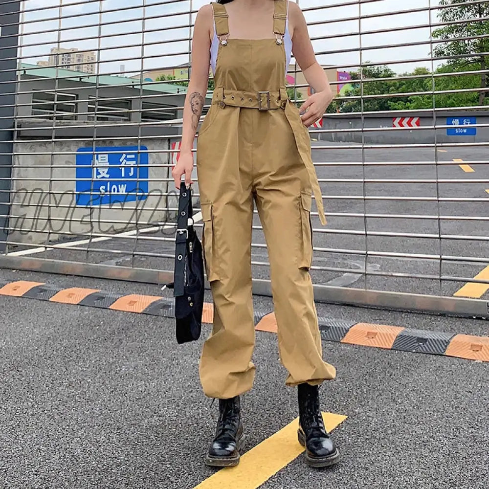 Hnewly Gothic Black Overalls Womens Cargo Pants Plus Size Sling Bow Belt Dungarees Wide Leg Casual