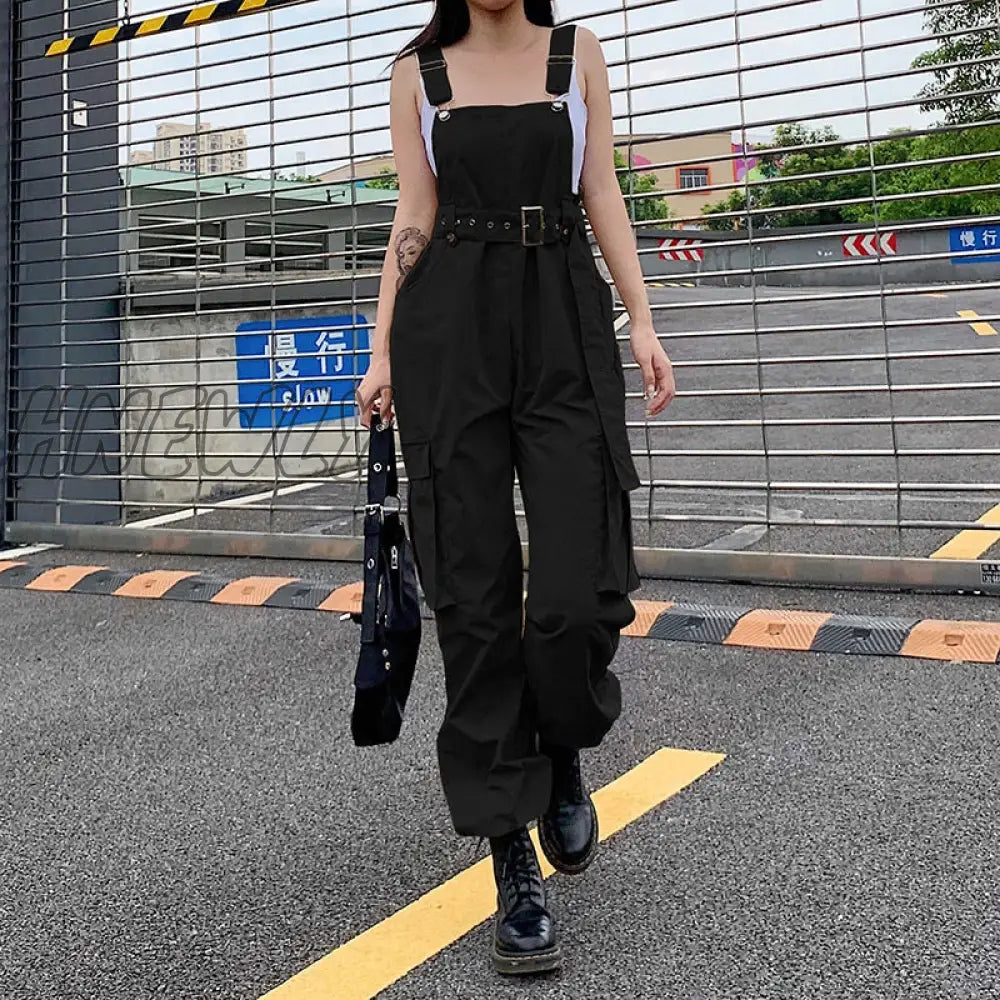 Hnewly Gothic Black Overalls Womens Cargo Pants Plus Size Sling Bow Belt Dungarees Wide Leg Casual