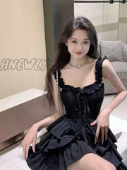 Hnewly Gothic Goth Harajuku Slip Dress Ruffles Y2K Streetwear Dark Punk Cake Dresses Party Korean