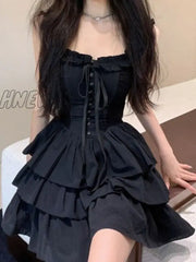 Hnewly Gothic Goth Harajuku Slip Dress Ruffles Y2K Streetwear Dark Punk Cake Dresses Party Korean