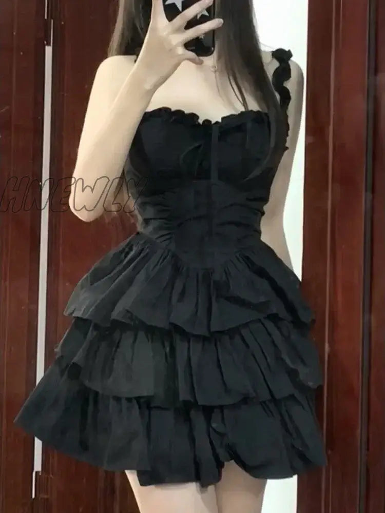 Qweek Gothic Hrajuku Goth Lolita Kawaii Cute Black Ruffles Dress Soft Girl Y2K Coquette 2024