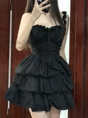 Qweek Gothic Hrajuku Goth Lolita Kawaii Cute Black Ruffles Dress Soft Girl Y2K Coquette 2024