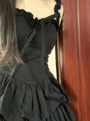 Qweek Gothic Hrajuku Goth Lolita Kawaii Cute Black Ruffles Dress Soft Girl Y2K Coquette 2024