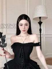 Qweek 2023 Gothic Lolita Kawaii Slip Dress Soft Girl Goth Harajuku Off Shoulder Backless Sexy Black