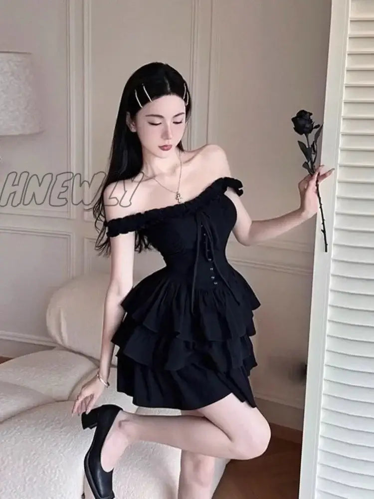 Qweek 2023 Gothic Lolita Kawaii Slip Dress Soft Girl Goth Harajuku Off Shoulder Backless Sexy Black