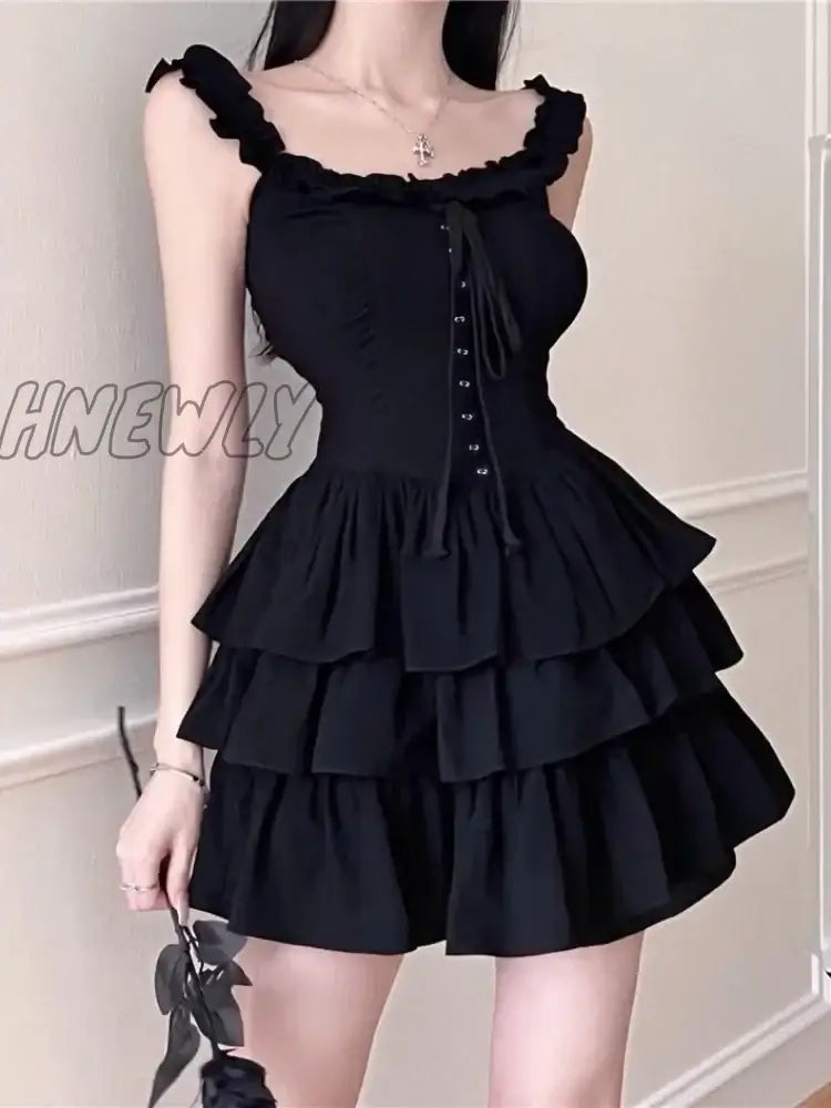 Gothic Lolita Kawaii Slip Dress Soft Girl Goth Harajuku Off Shoulder Backless Sexy Black