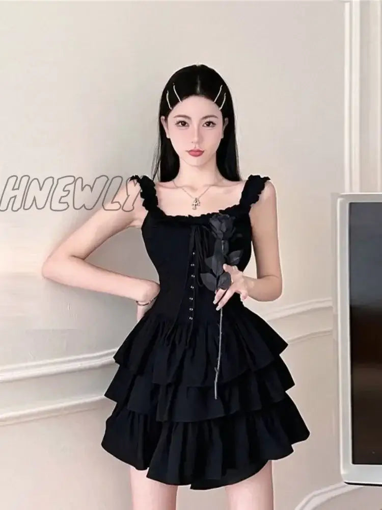 Qweek 2023 Gothic Lolita Kawaii Slip Dress Soft Girl Goth Harajuku Off Shoulder Backless Sexy Black