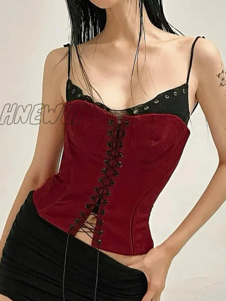 Hnewly Gothic Patchwork Bandage Camis Top Dark Slim Slash Neck Sleeveless Tank Tops Women 2024