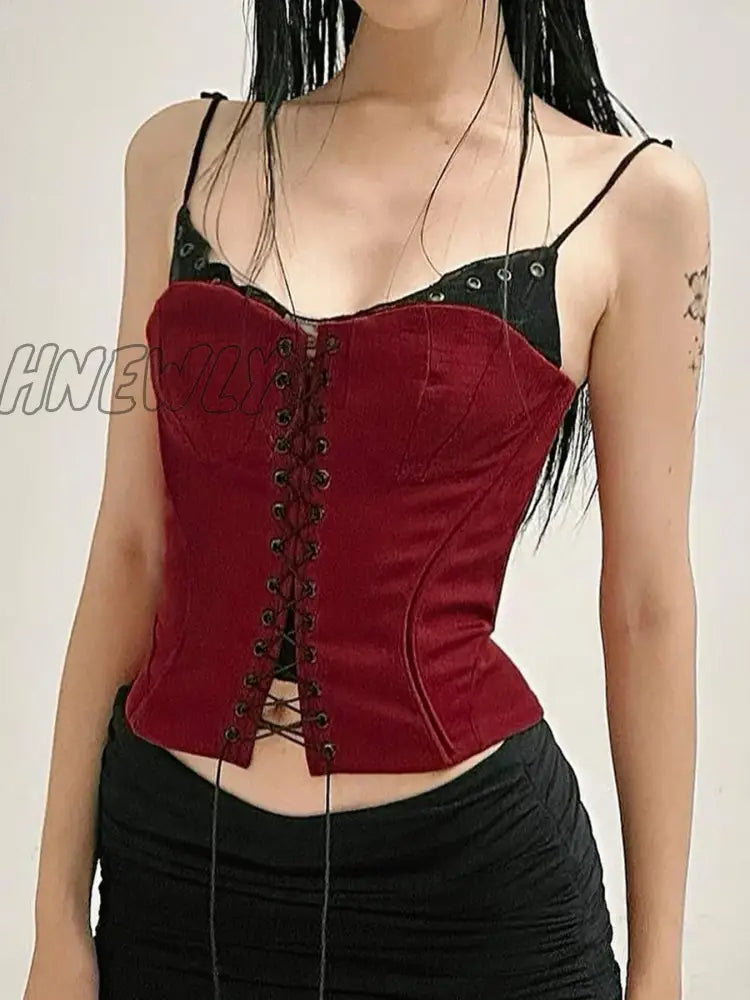 Hnewly Gothic Patchwork Bandage Camis Top Dark Slim Slash Neck Sleeveless Tank Tops Women 2024