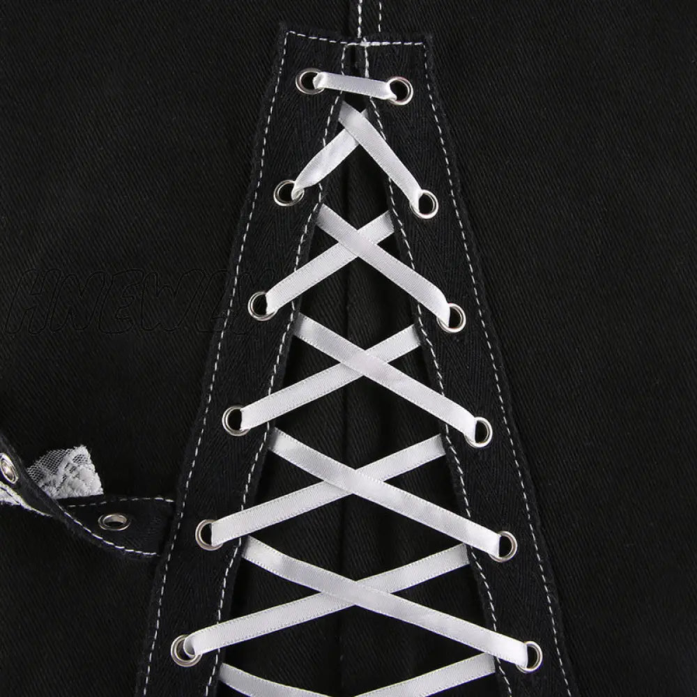 Hnewly Gothic Punk Lace Trim Chain Baggy Jeans Streetwear Women Cyber Y2K Black Denim Trousers