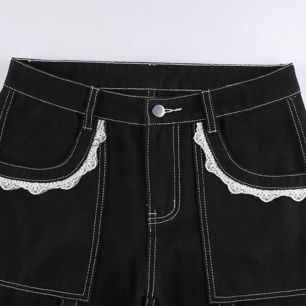 Hnewly Gothic Punk Lace Trim Chain Baggy Jeans Streetwear Women Cyber Y2K Black Denim Trousers