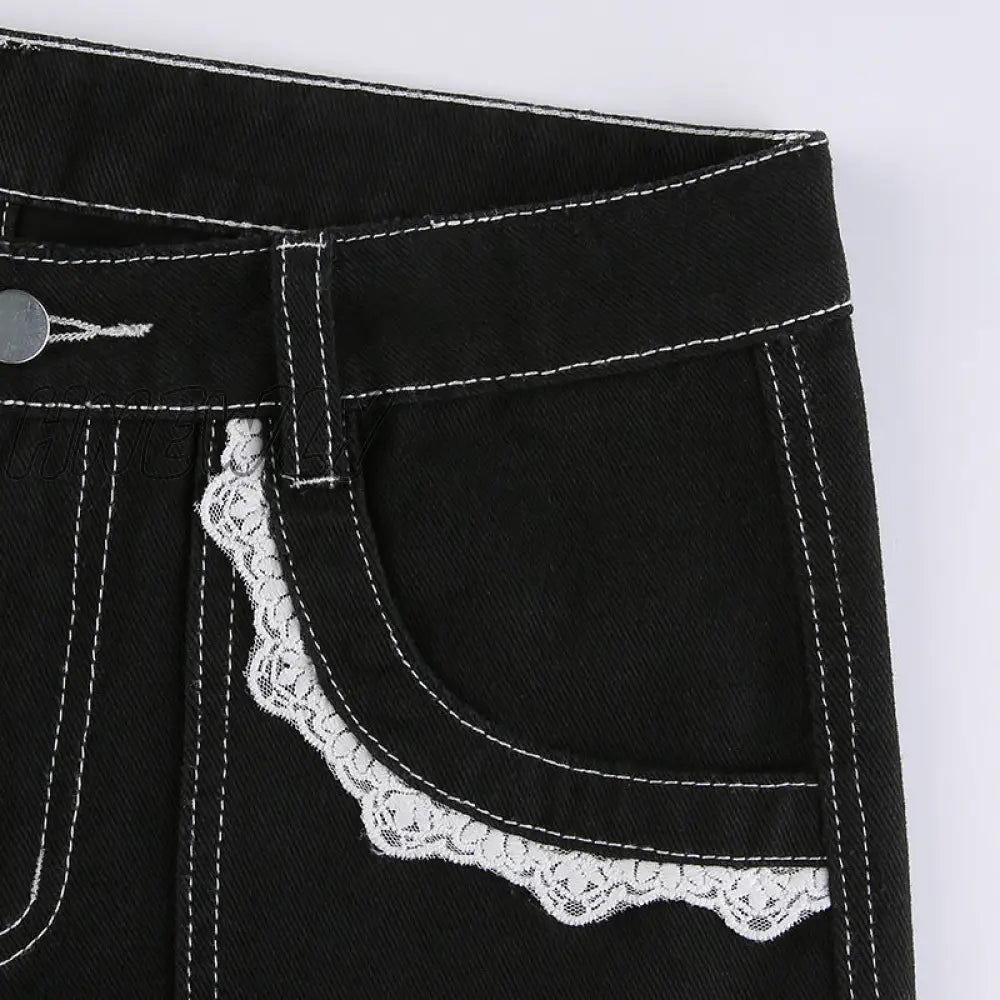 Hnewly Gothic Punk Lace Trim Chain Baggy Jeans Streetwear Women Cyber Y2K Black Denim Trousers