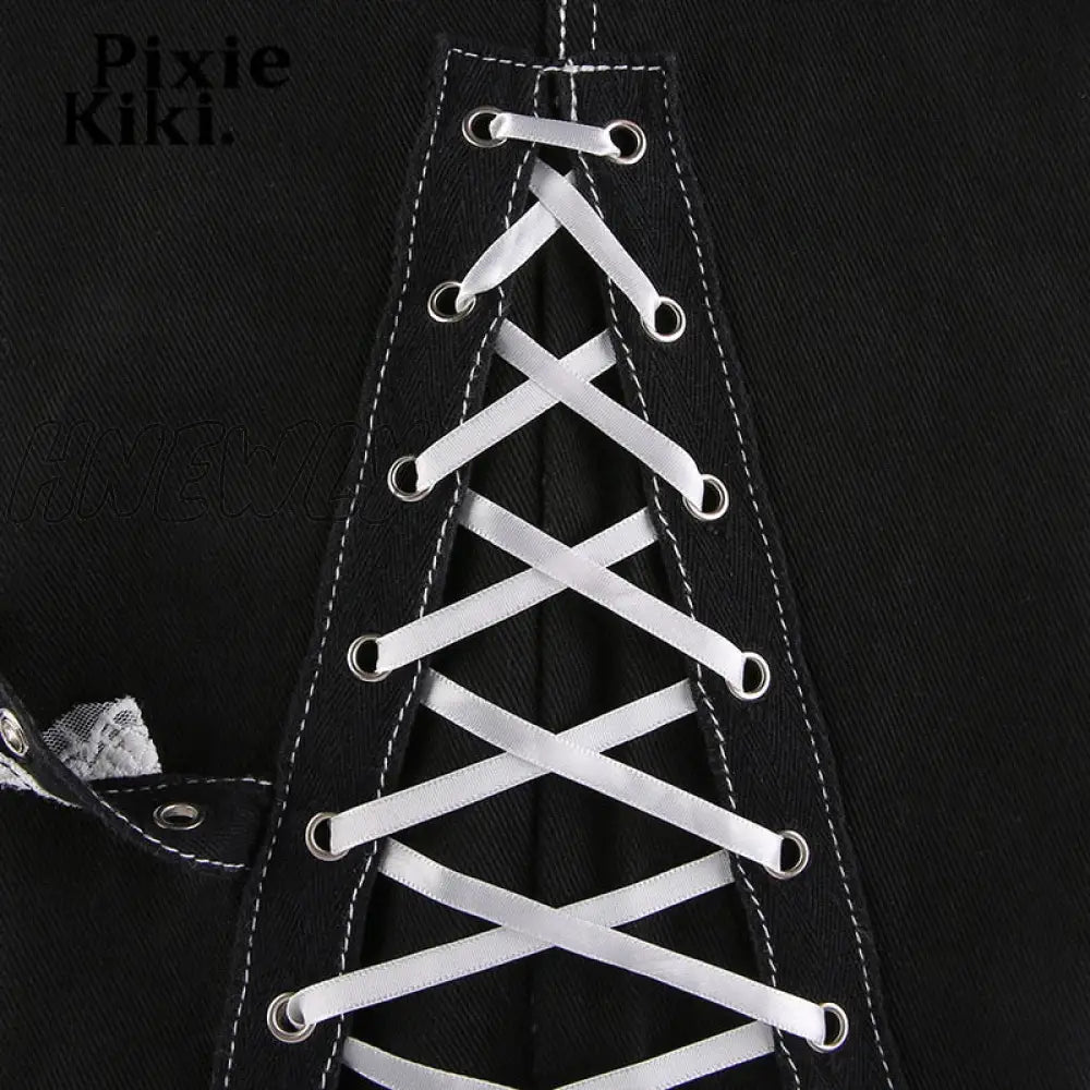 Hnewly Gothic Punk Lace Trim Chain Baggy Jeans Streetwear Women Cyber Y2K Black Denim Trousers