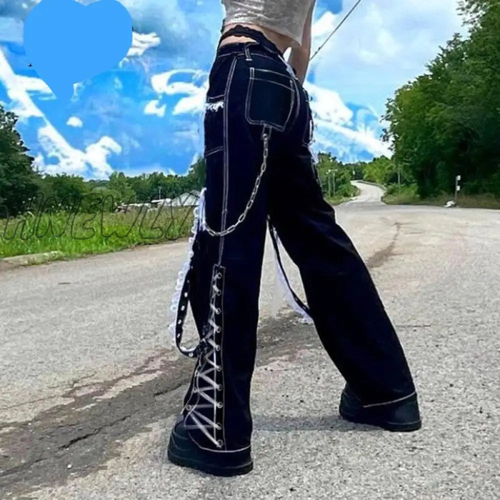 Hnewly Gothic Punk Lace Trim Chain Baggy Jeans Streetwear Women Cyber Y2K Black Denim Trousers