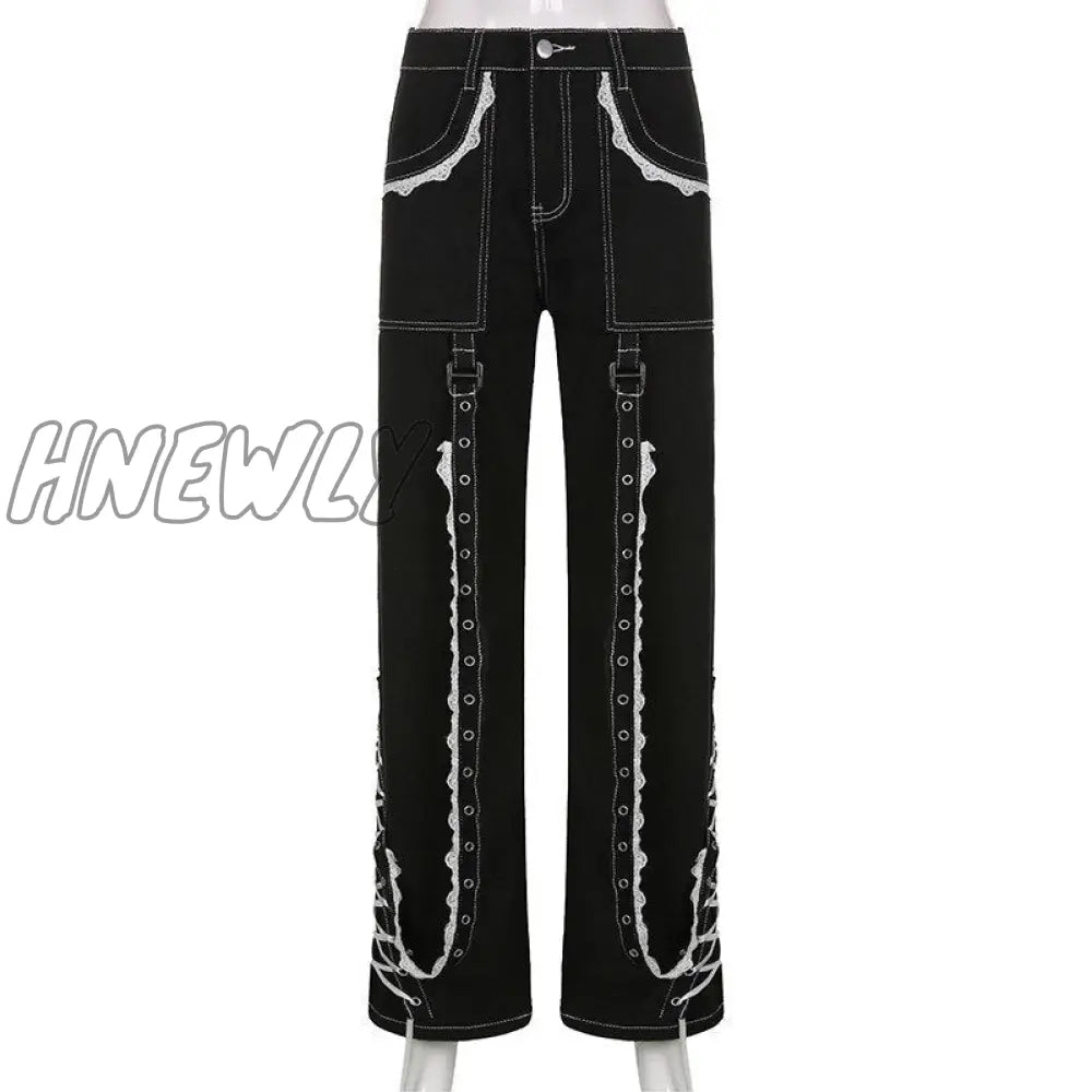 Hnewly Gothic Punk Lace Trim Chain Baggy Jeans Streetwear Women Cyber Y2K Black Denim Trousers