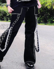 Hnewly Gothic Punk Lace Trim Chain Baggy Jeans Streetwear Women Cyber Y2K Black Denim Trousers