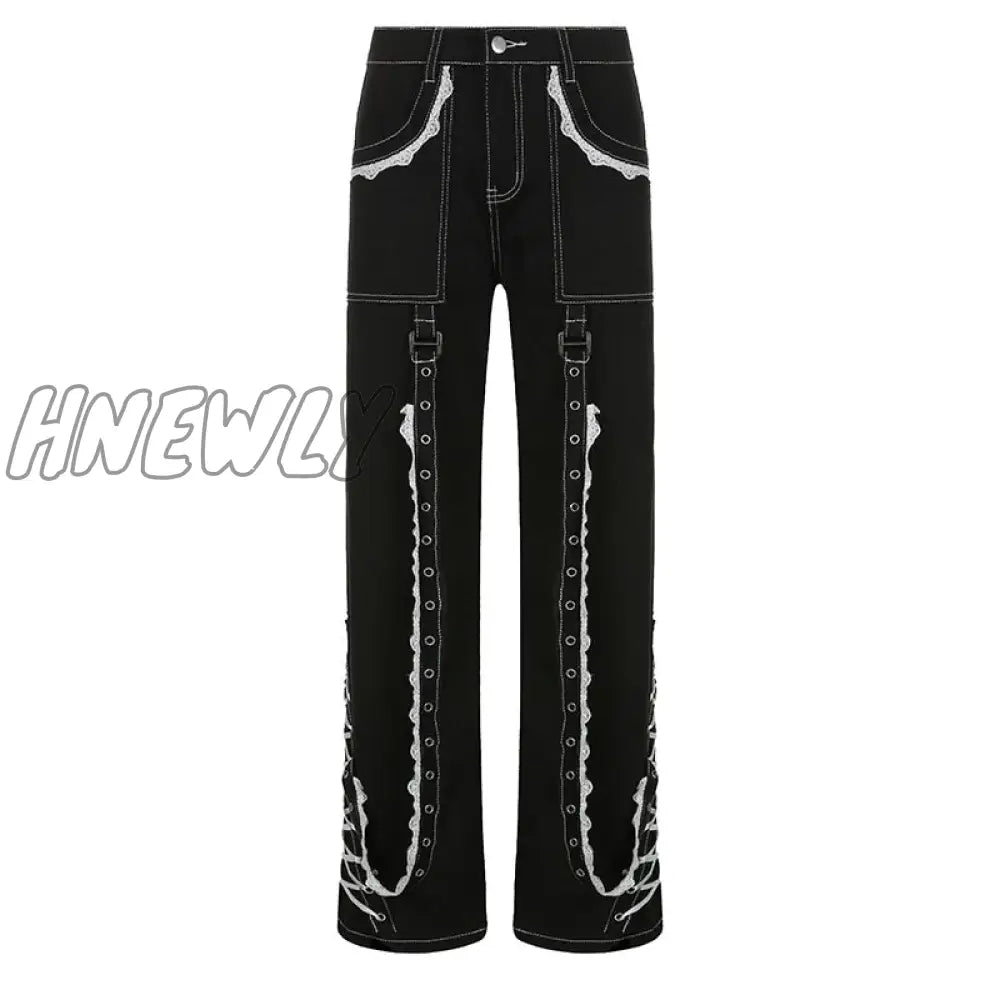 Hnewly Gothic Punk Lace Trim Chain Baggy Jeans Streetwear Women Cyber Y2K Black Denim Trousers