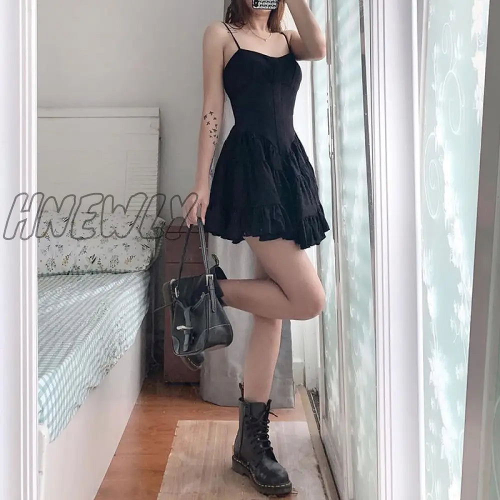 Hnewly Gothic Summer A - Line Dress Sexy Spaghetti Strap Dresses For Women Black Party Mini Vintage