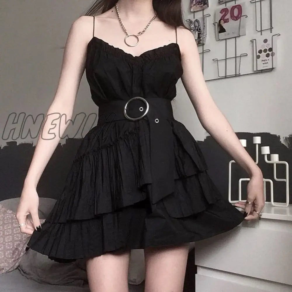 Hnewly Gothic Summer A - Line Dress Sexy Spaghetti Strap Dresses For Women Black Party Mini Vintage