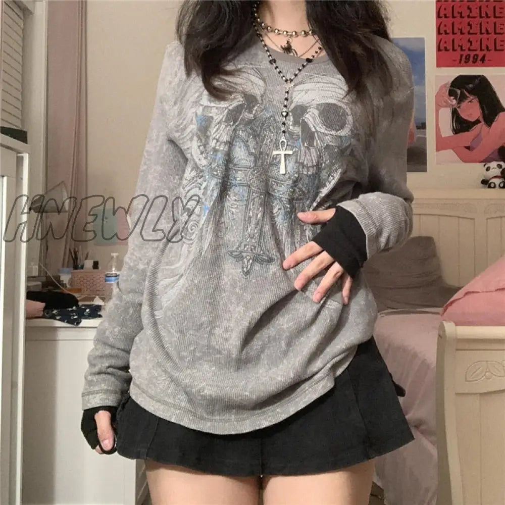 Hnewly Gothic T Shirt Women Fairycore Grunge Long Sleeve Tops 2000S Aesthetic Punk Style Clothes