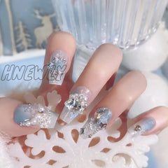 Hnewly Gradient Blue Fake Nails With Flower Crystal Design Glitter For Lady Girls Christmas Gifts