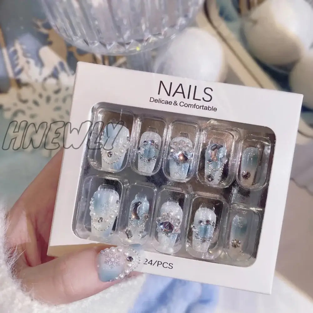 Hnewly Gradient Blue Fake Nails With Flower Crystal Design Glitter For Lady Girls Christmas Gifts