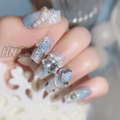 Hnewly Gradient Blue Fake Nails With Flower Crystal Design Glitter For Lady Girls Christmas Gifts