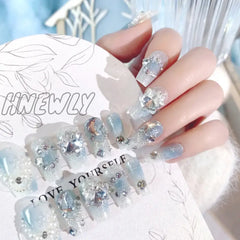 Hnewly Gradient Blue Fake Nails With Flower Crystal Design Glitter For Lady Girls Christmas Gifts