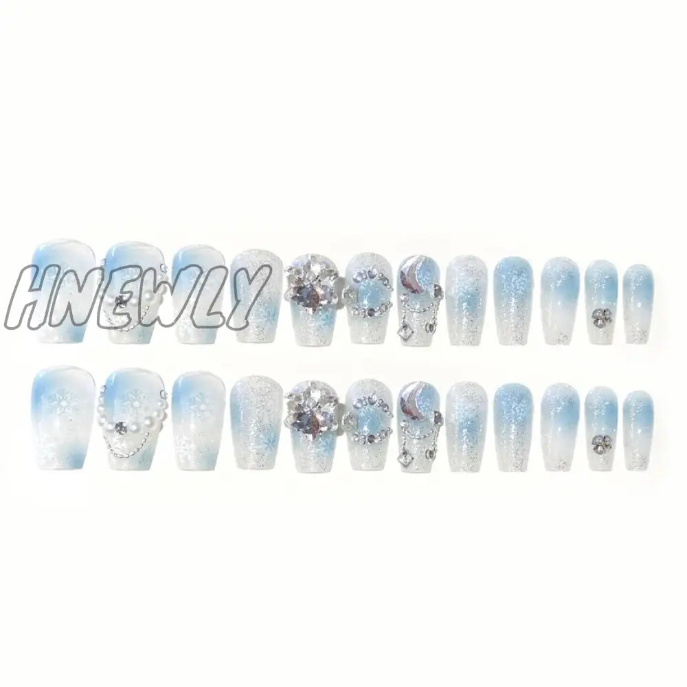 Hnewly Gradient Blue Fake Nails With Flower Crystal Design Glitter For Lady Girls Christmas Gifts