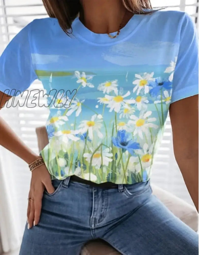 Hnewly Graphic Floral Print Streetwear Casual Short Sleeve Plus Size Funny Kawaii Harajuku Tees T -