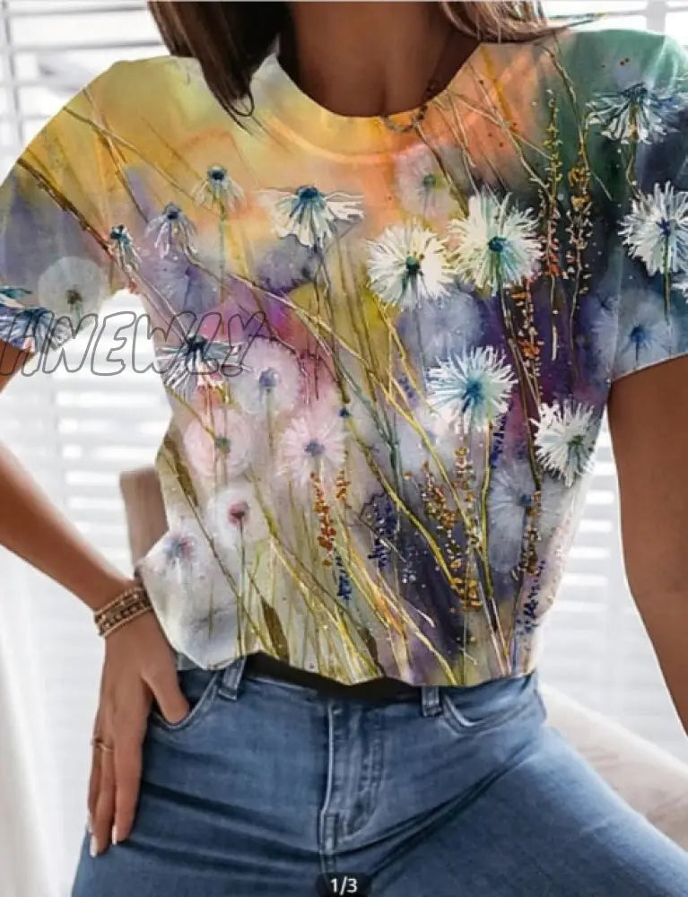 Hnewly Graphic Floral Print Streetwear Casual Short Sleeve Plus Size Funny Kawaii Harajuku Tees T -