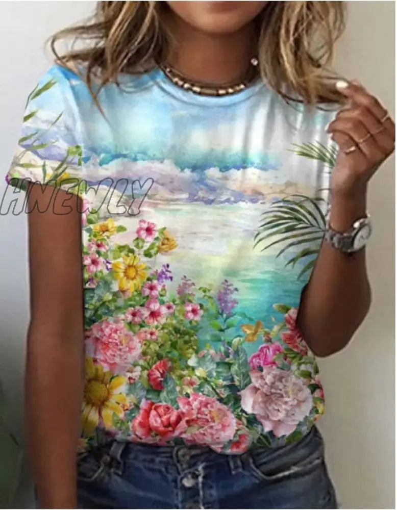 Hnewly Graphic Floral Print Streetwear Casual Short Sleeve Plus Size Funny Kawaii Harajuku Tees T -