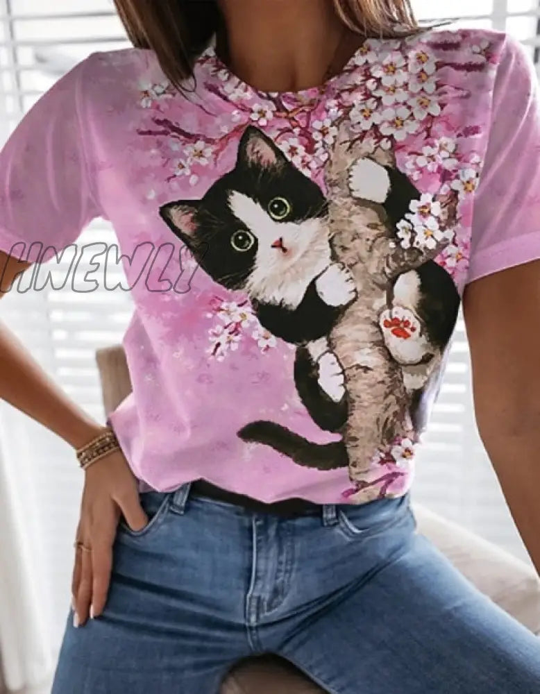 Hnewly Graphic Floral Print Streetwear Casual Short Sleeve Plus Size Funny Kawaii Harajuku Tees T -