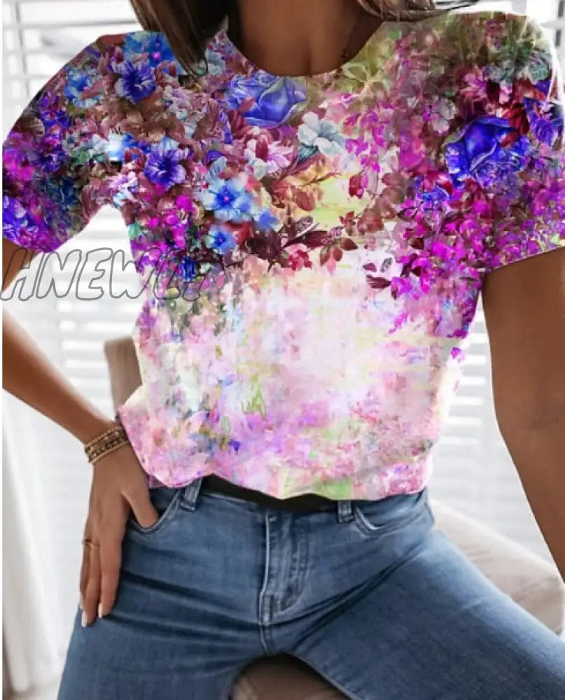 Hnewly Graphic Floral Print Streetwear Casual Short Sleeve Plus Size Funny Kawaii Harajuku Tees T -