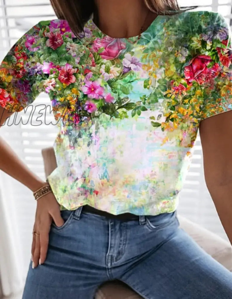 Hnewly Graphic Floral Print Streetwear Casual Short Sleeve Plus Size Funny Kawaii Harajuku Tees T -