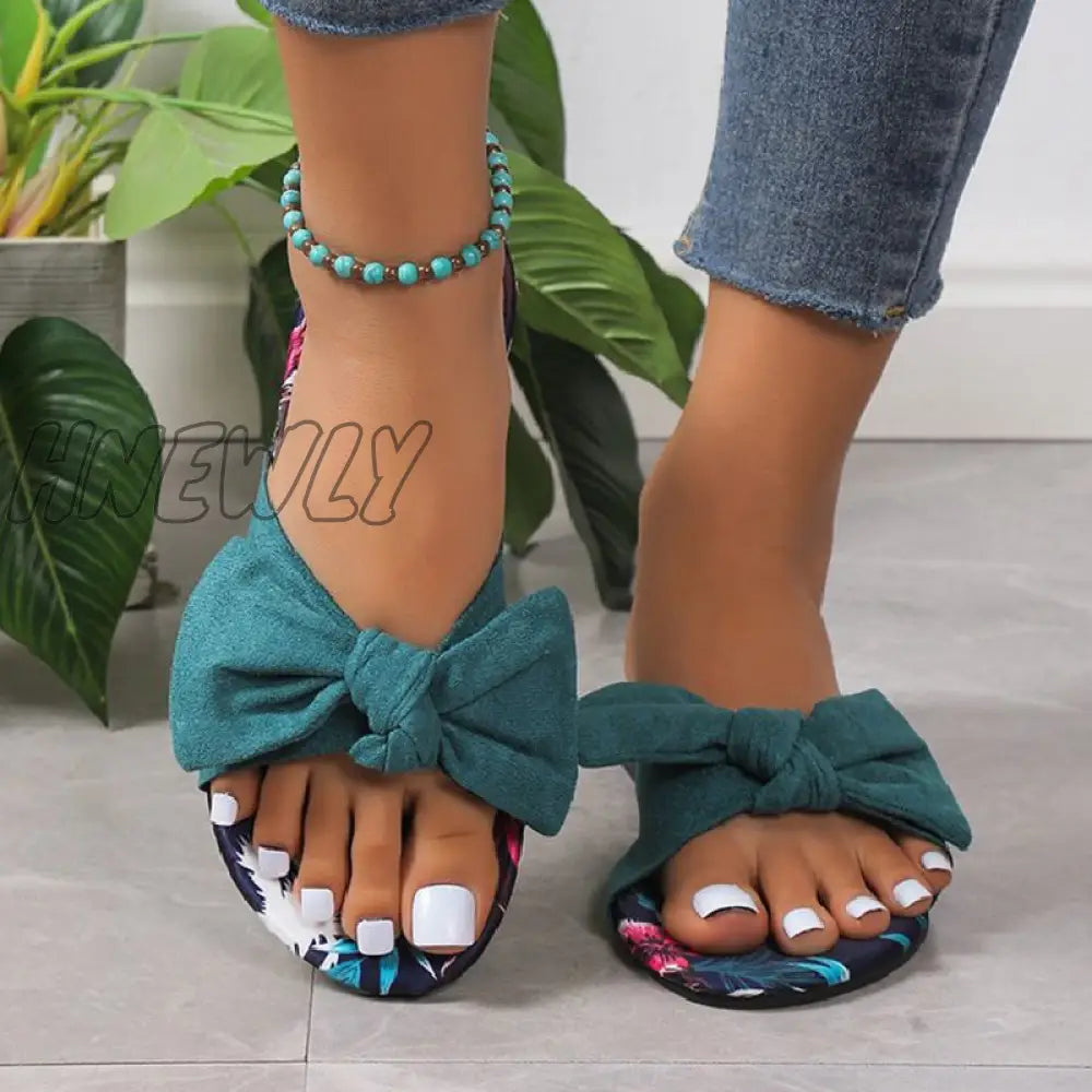 Hnewly - Green Casual Daily Patchwork With Bow Round Comfortable Shoes / Us6Eu36 Shoes Slippers