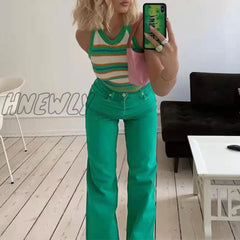 Hnewly Green Jeans Women High Waist Baggy Straight Leg Pants Fashion Casual Denim Trousers Mom Y2K