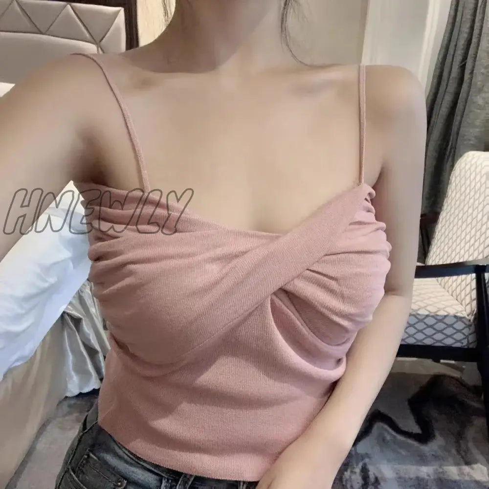 Hnewly Green Knitted Y2K Tops For Women Summer Pleated Cross Spaghetti Strapy Female Slim Crop