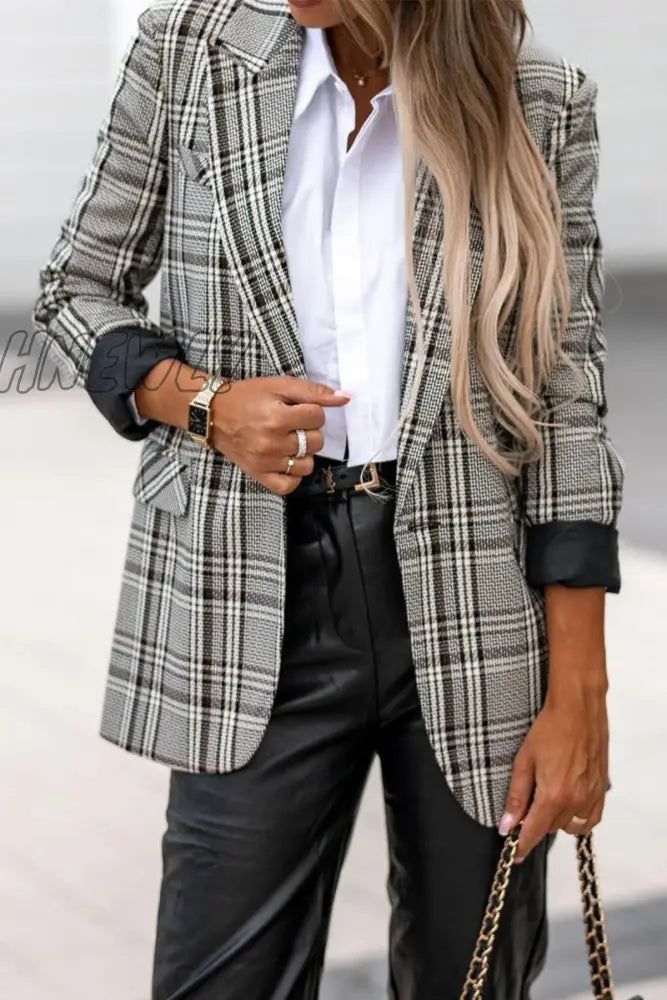 Hnewly - Grey British Style Plaid Patchwork Turn-Back Collar Outerwear / S Coats Suits