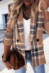 Hnewly - Grey Brown Fashion Work Plaid Printing Turn-Back Collar Outerwear Coats Suits