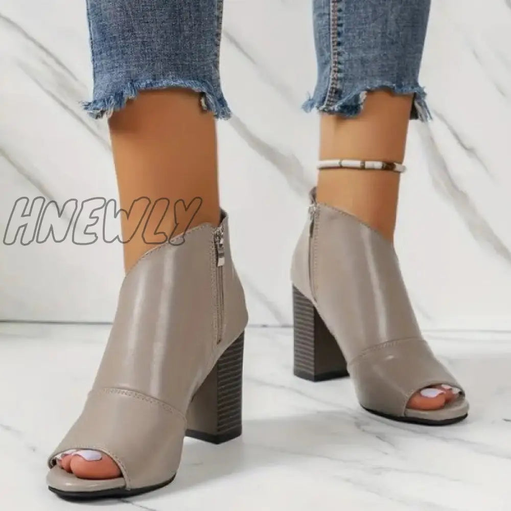 Hnewly - Grey Casual Patchwork Asymmetrical Fish Mouth Out Door Wedges Shoes (Heel Height 3.54In)