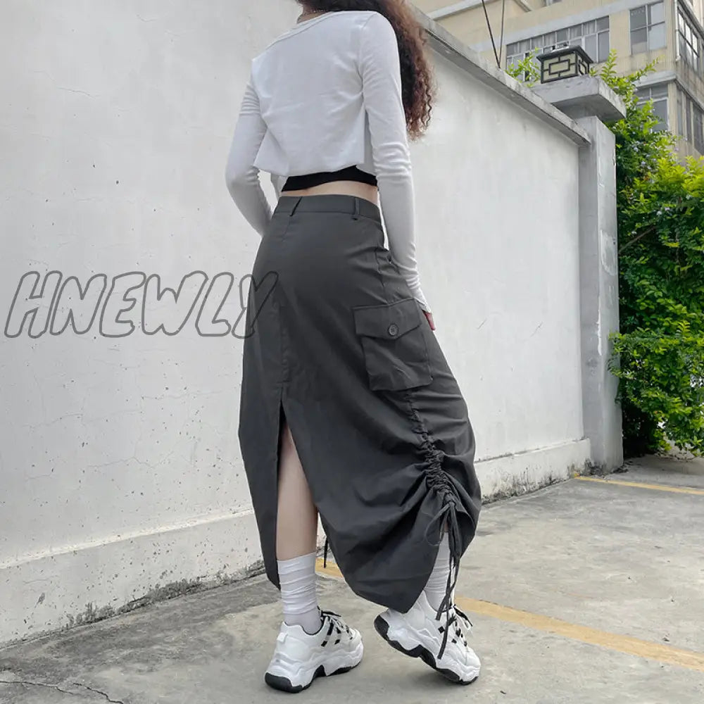 Hnewly Grey Pockets Midi Skirts Grunge Y2K Ruched Drawstring Split Long Women Low Waisted Korean