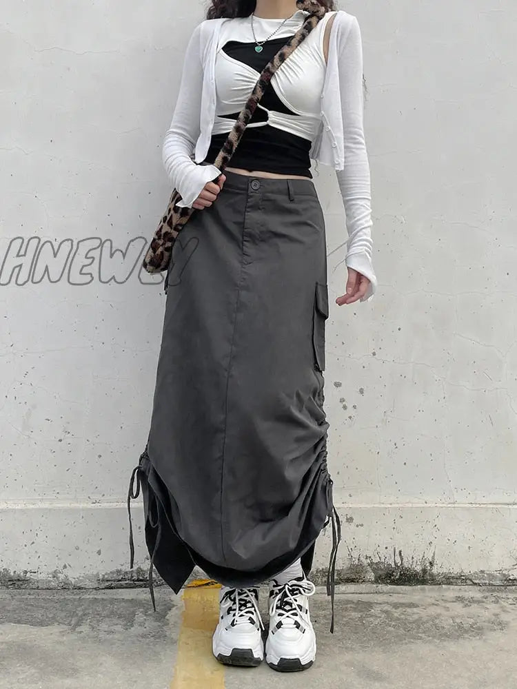 Hnewly Grey Pockets Midi Skirts Grunge Y2K Ruched Drawstring Split Long Women Low Waisted Korean