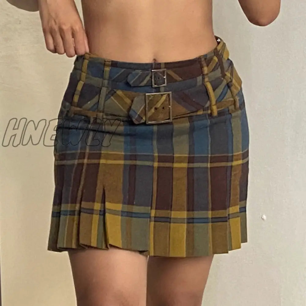 Hnewly Grunge Vintage Plaid Mini Skirt Sexy Women Y2K Aesthetic Kawaii Low Rise Pleated Harajuku