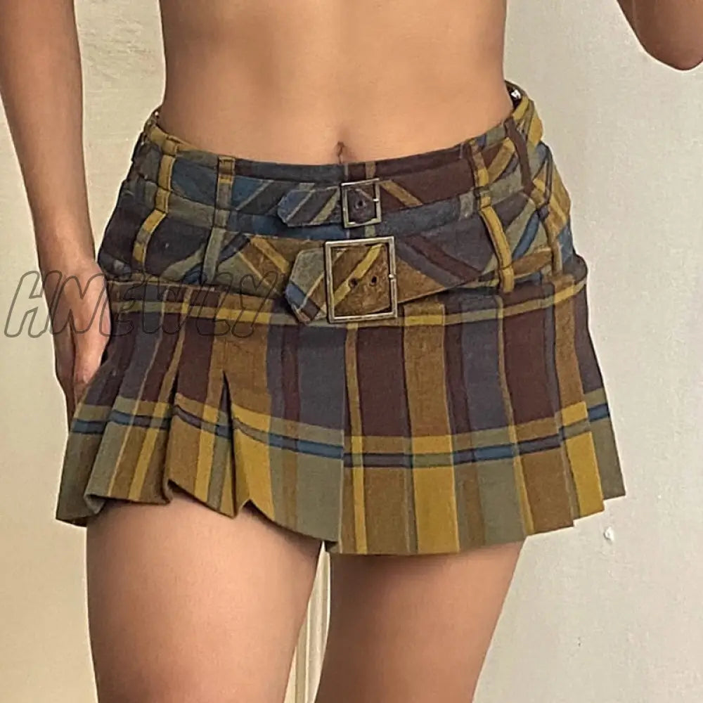 Hnewly Grunge Vintage Plaid Mini Skirt Sexy Women Y2K Aesthetic Kawaii Low Rise Pleated Harajuku